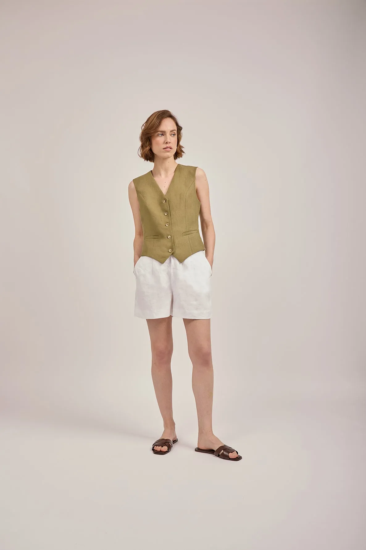 Tailored Waistcoat in Khaki Linen by Anna James