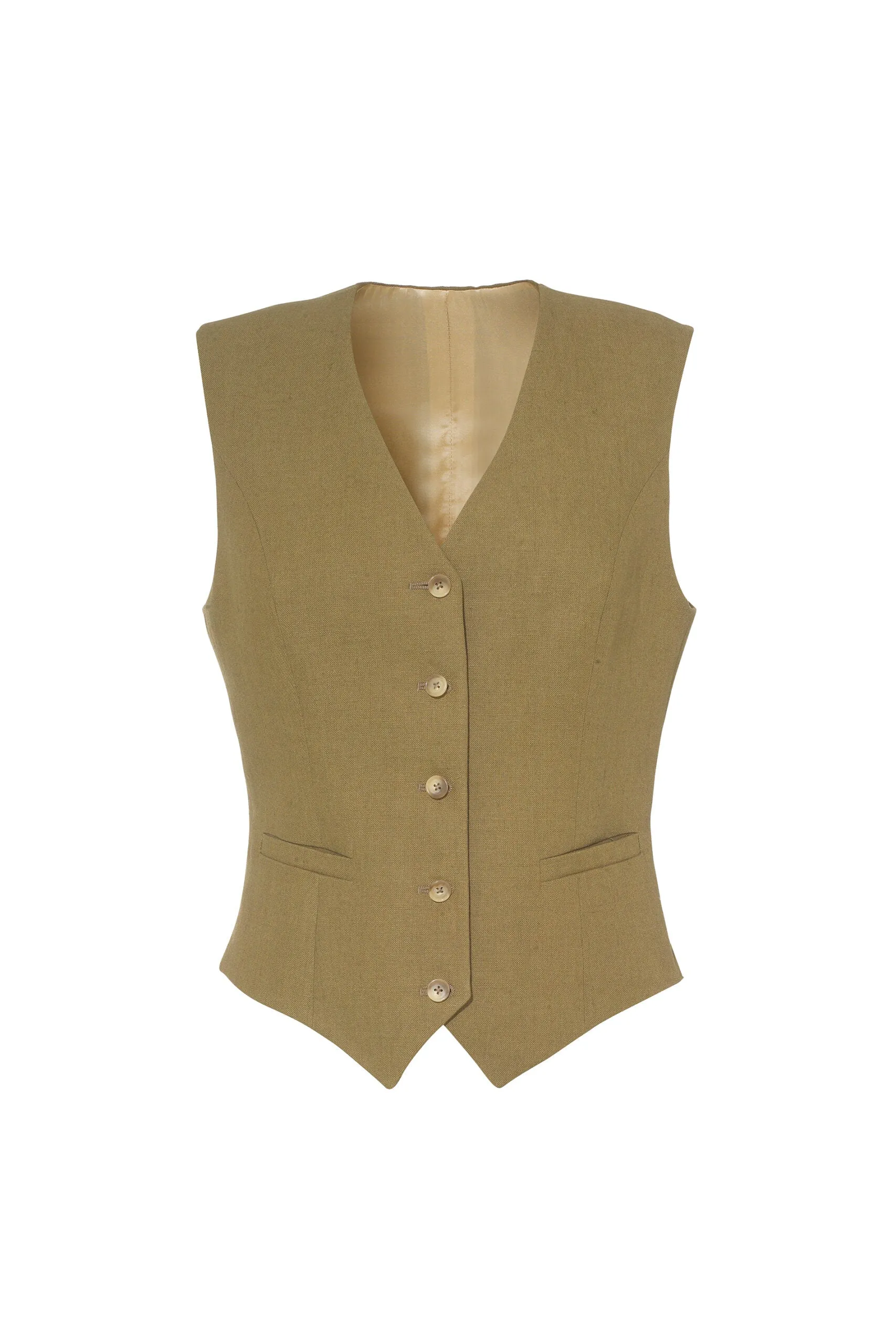 Tailored Waistcoat in Khaki Linen by Anna James