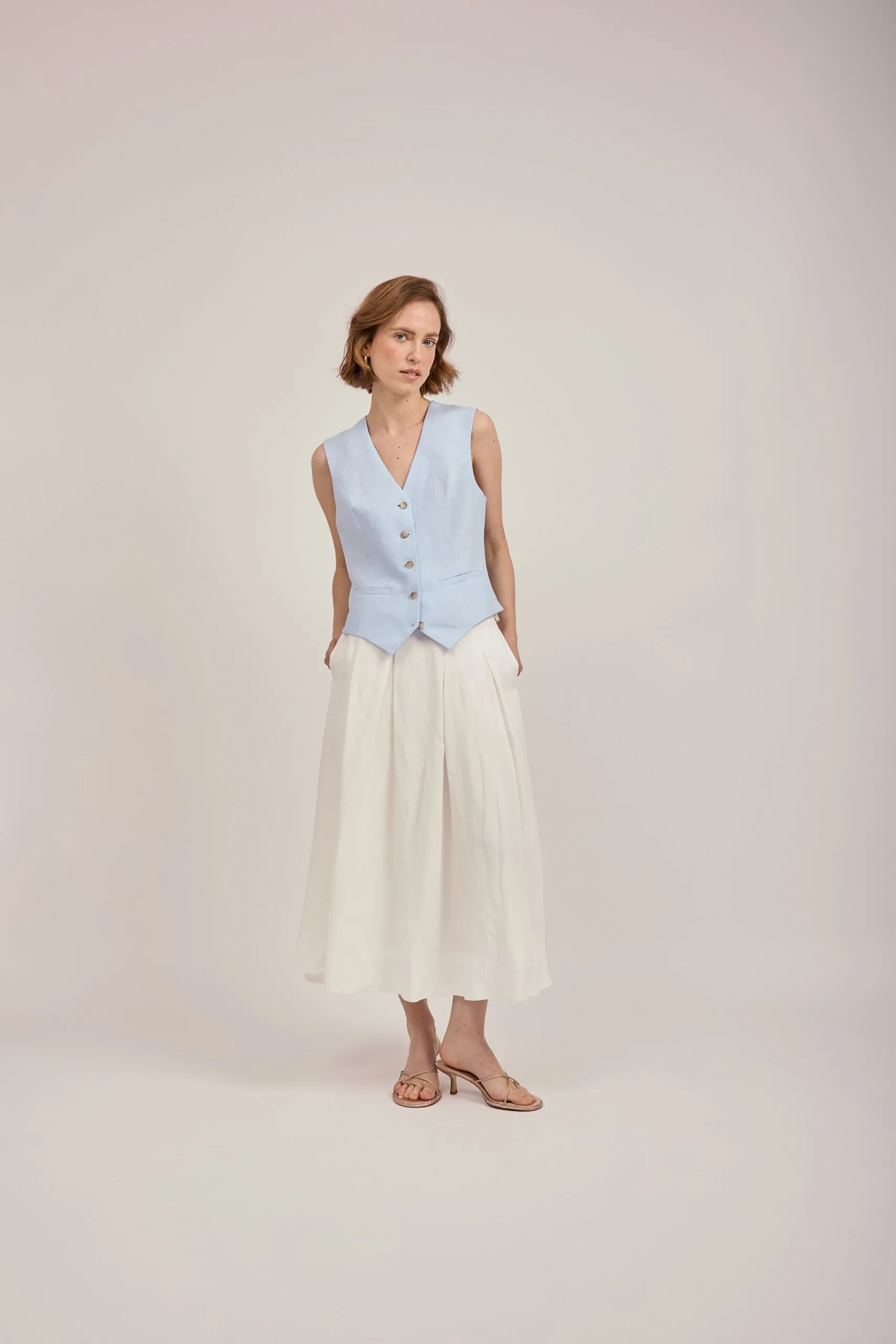 Tailored Waistcoat in Sky Blue Linen by Anna James