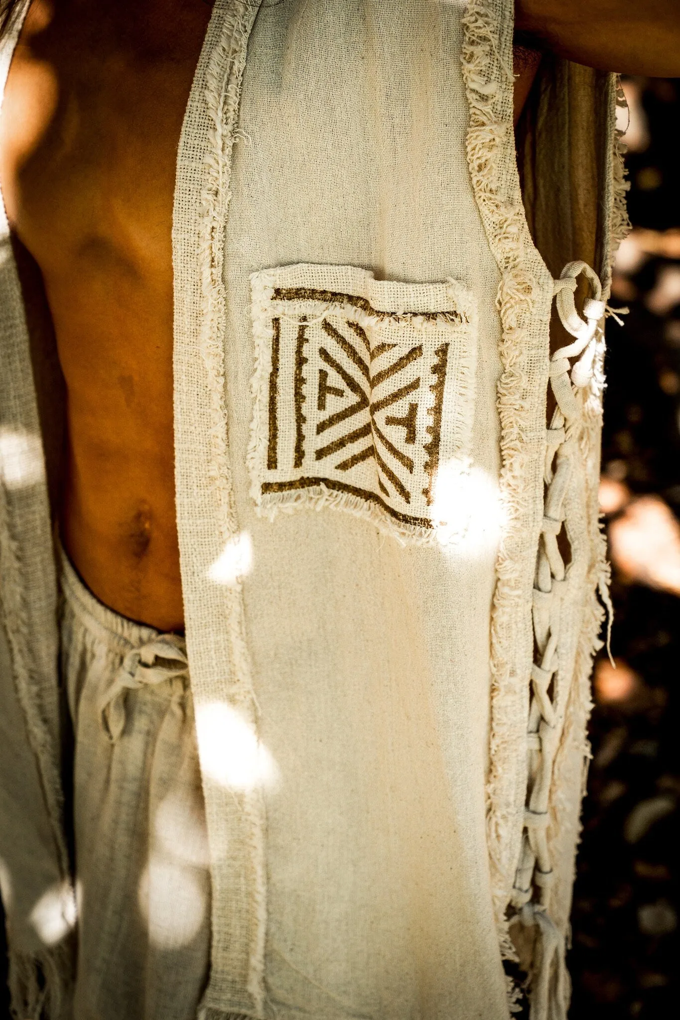 TAONGA Beige Cotton Vest With Pocket Block Printed Tribal Patterns Handmade Naturally Dyed Earthy Viking Primitive Rave Goa Festival AJJAYA