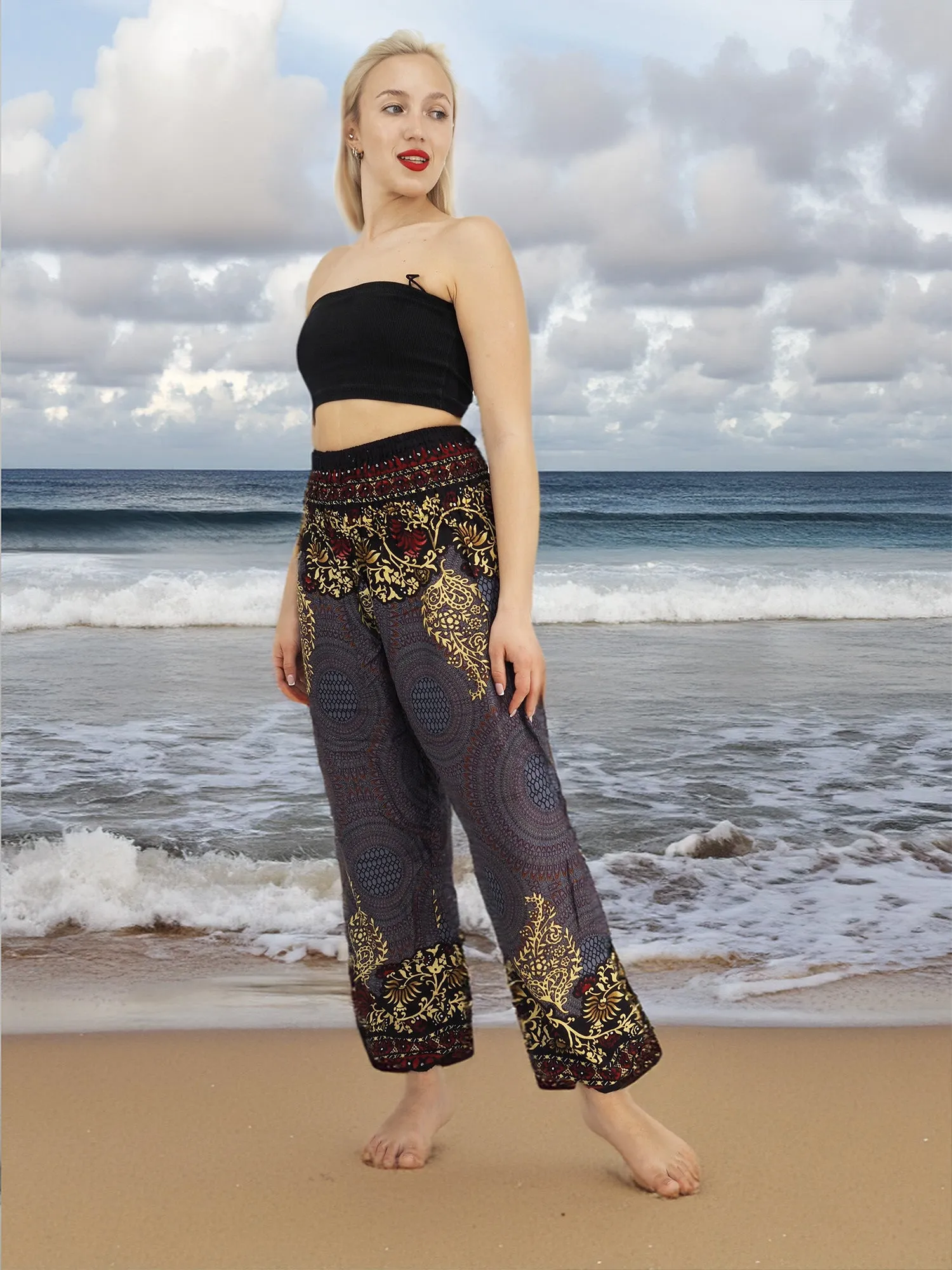 Unisex Harem Yoga Hippie Boho Pants Blue Gold And Red Print M