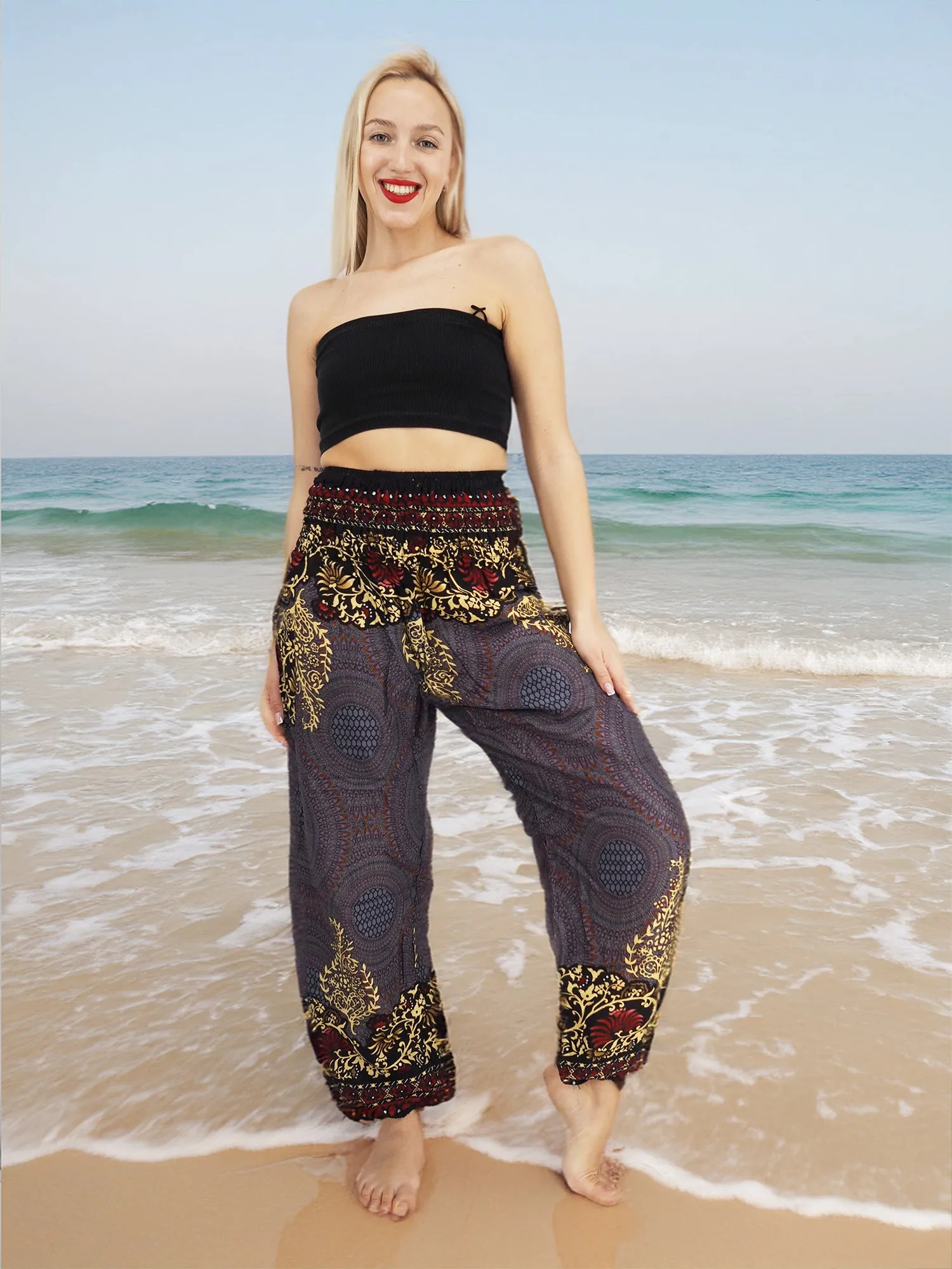 Unisex Harem Yoga Hippie Boho Pants Blue Gold And Red Print M