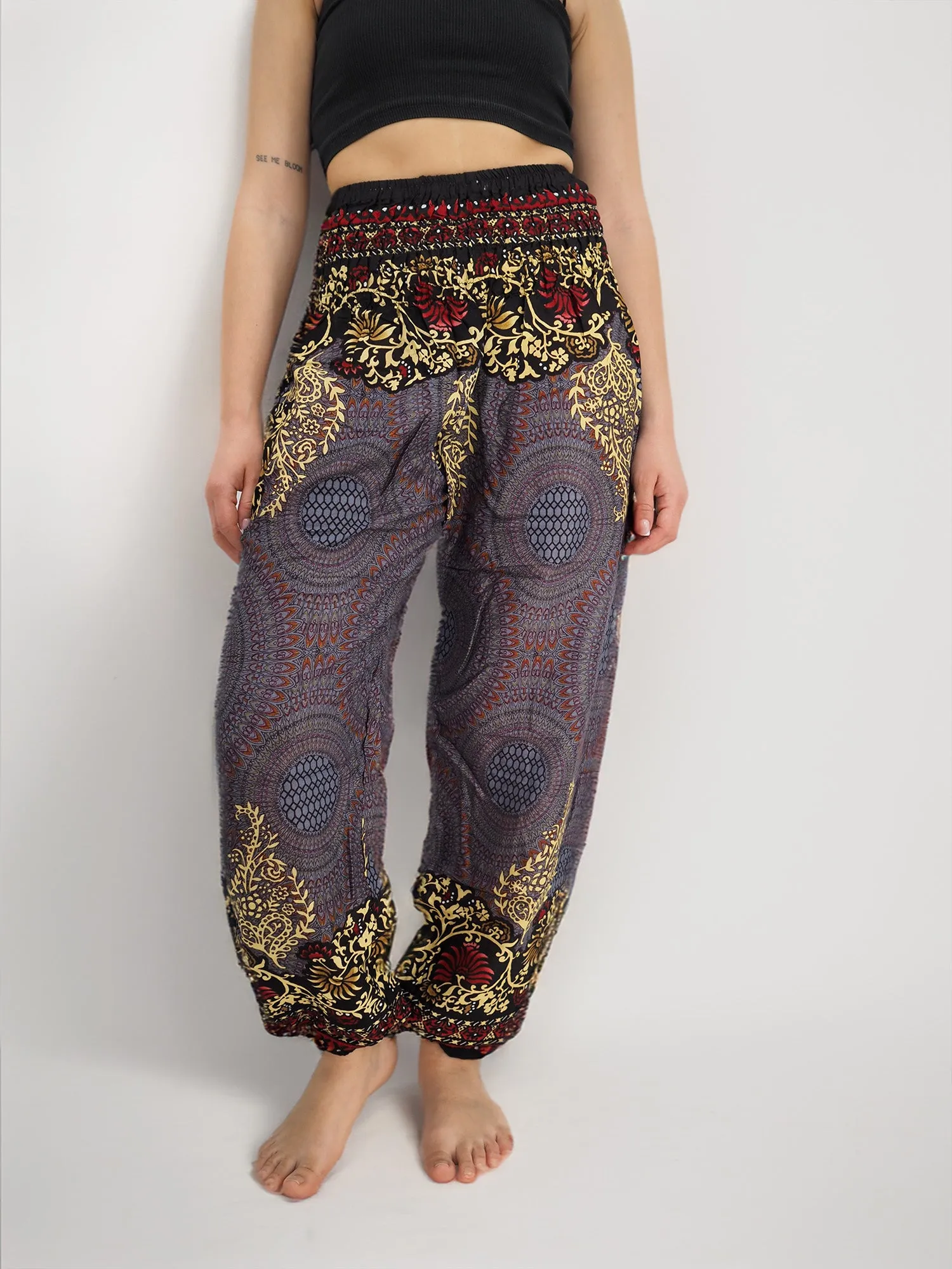 Unisex Harem Yoga Hippie Boho Pants Blue Gold And Red Print M