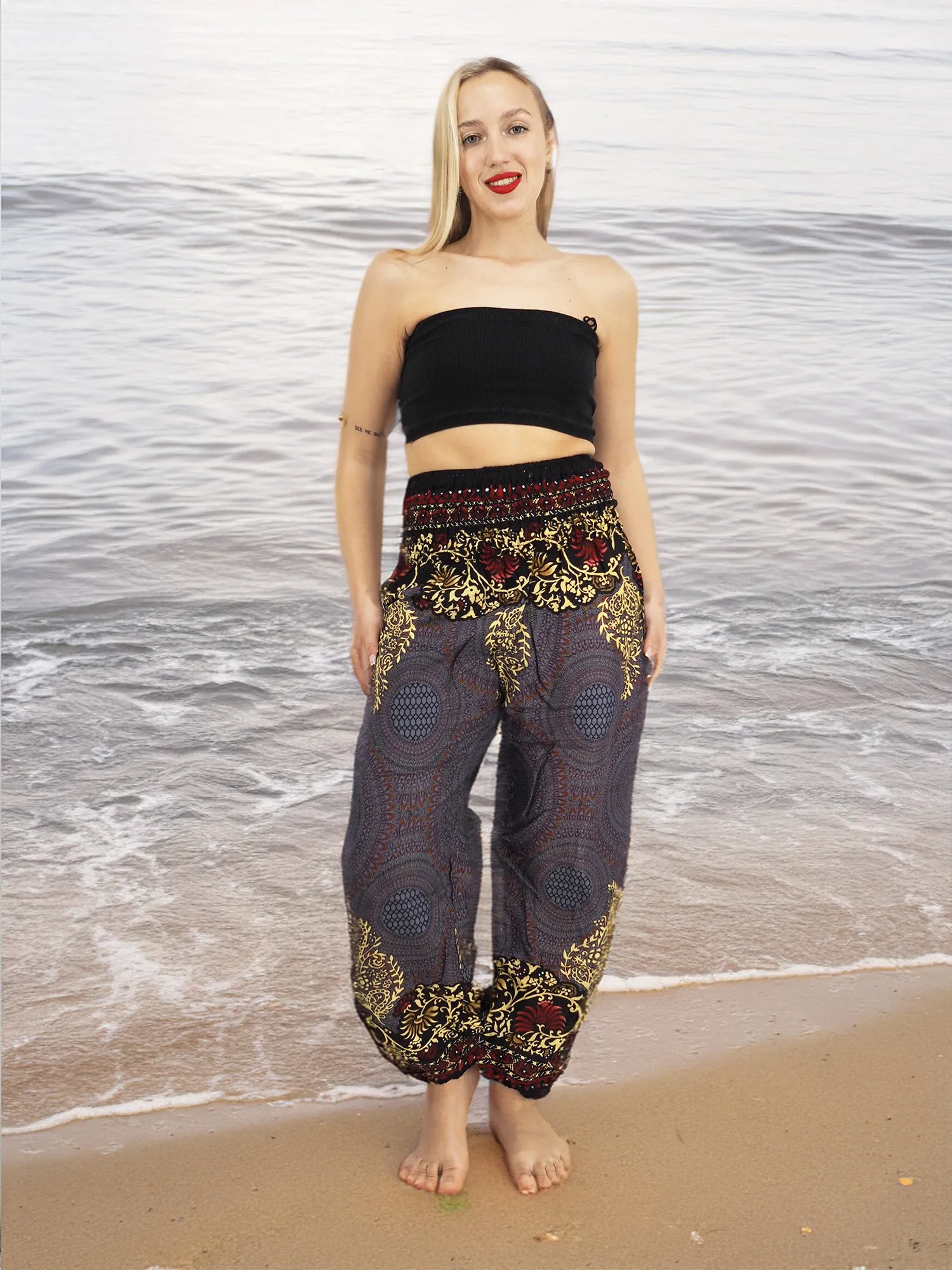 Unisex Harem Yoga Hippie Boho Pants Blue Gold And Red Print M