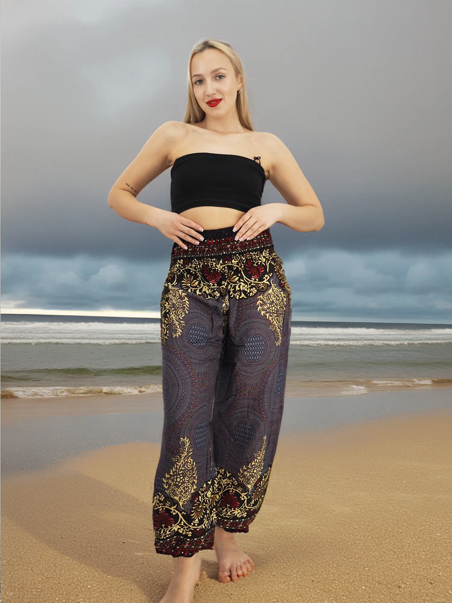 Unisex Harem Yoga Hippie Boho Pants Blue Gold And Red Print M