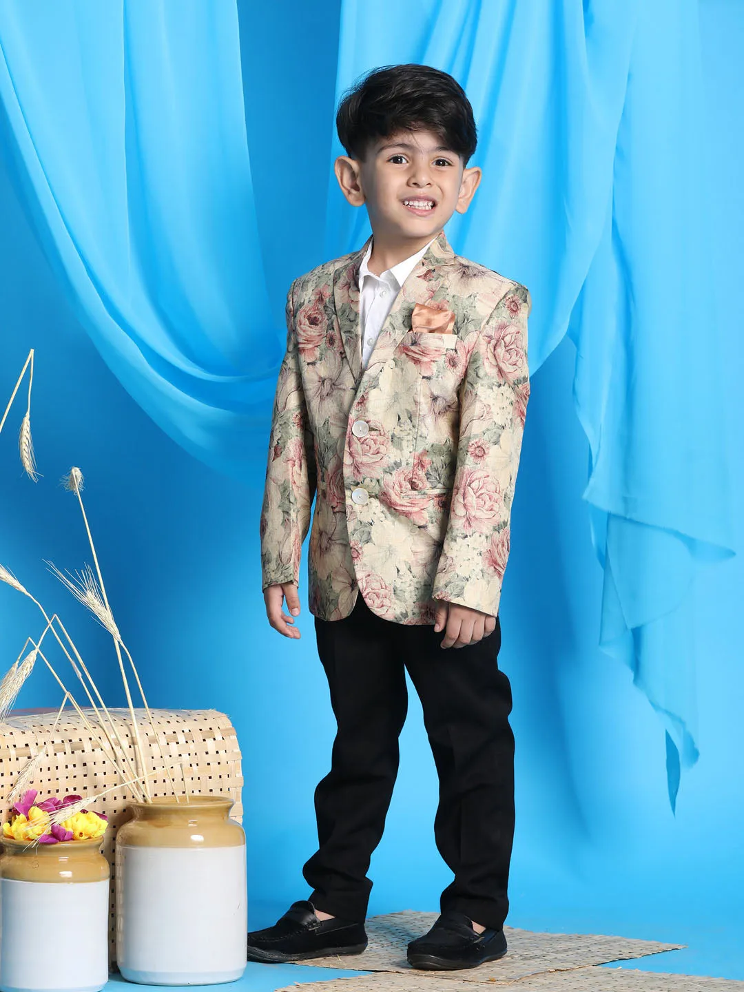 VASTRAMAY Boy's Beige Silk Blend Floral Print Blazer