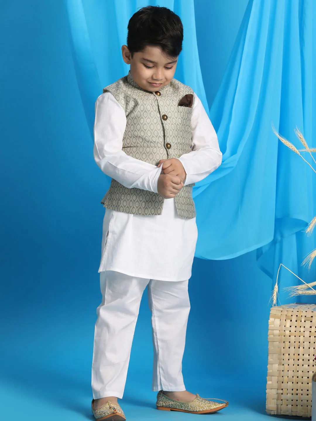 VASTRAMAY Boy's Beige Woven Jacket With White Kurta and Pyjama Set