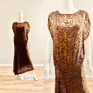 Vintage 1920s Chocolate Burnout Velvet Dress /1920s brown flapper sheer dress / 20s formal beaded dress / Size M L