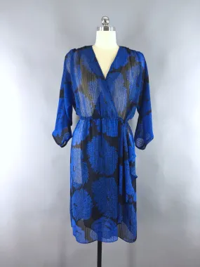 Vintage 1970s Day Dress / Blue Chiffon Floral Print