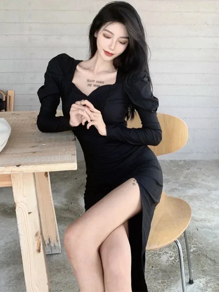 Vintage Balck Dress Women Casual Elegant Slim Wrap Split Party Dresses Puff Sleeve Square Collar  Fashion Korean