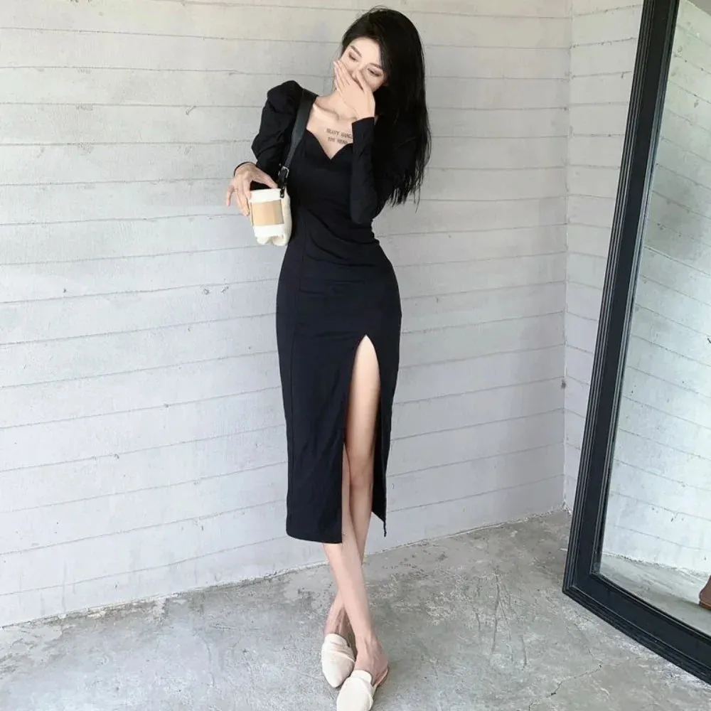 Vintage Balck Dress Women Casual Elegant Slim Wrap Split Party Dresses Puff Sleeve Square Collar  Fashion Korean