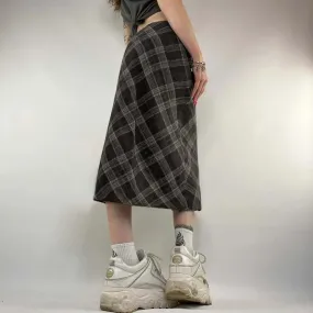 Vintage Brown Low Waist Plaid Skirt Autumn Fairycore 2000s Aesthetic Chic Midi Skirt Female Elegant Outfits Y2K