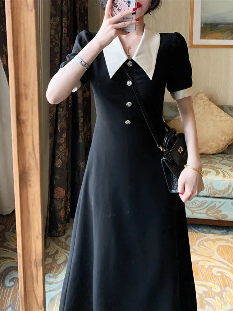 Vintage Elegant Black Dresses Women French Retro Wrap Party Midi Dress Autumn Casual Holiday Button Robe Female