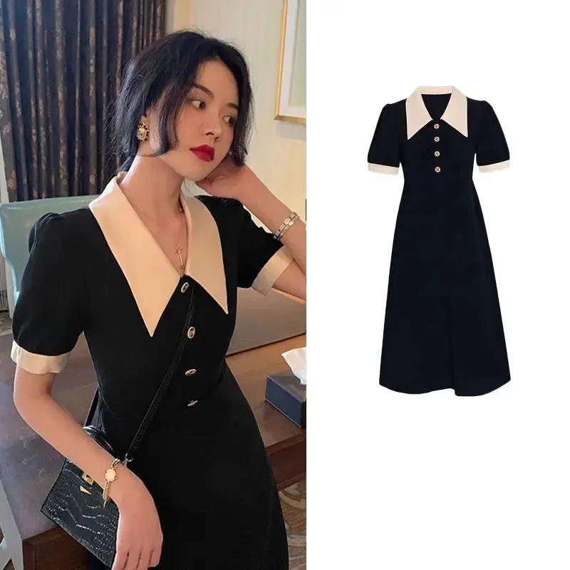 Vintage Elegant Black Dresses Women French Retro Wrap Party Midi Dress Autumn Casual Holiday Button Robe Female