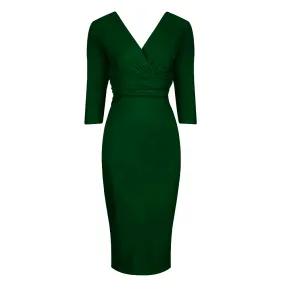 Vintage Forest Green Wrap Over Midi Pencil Dress