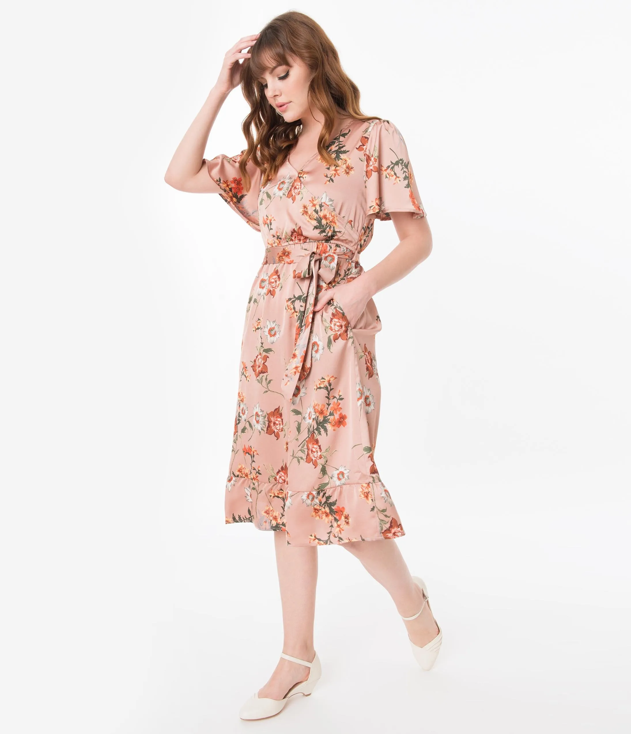 Vintage Style Mauve Floral Midi Dress