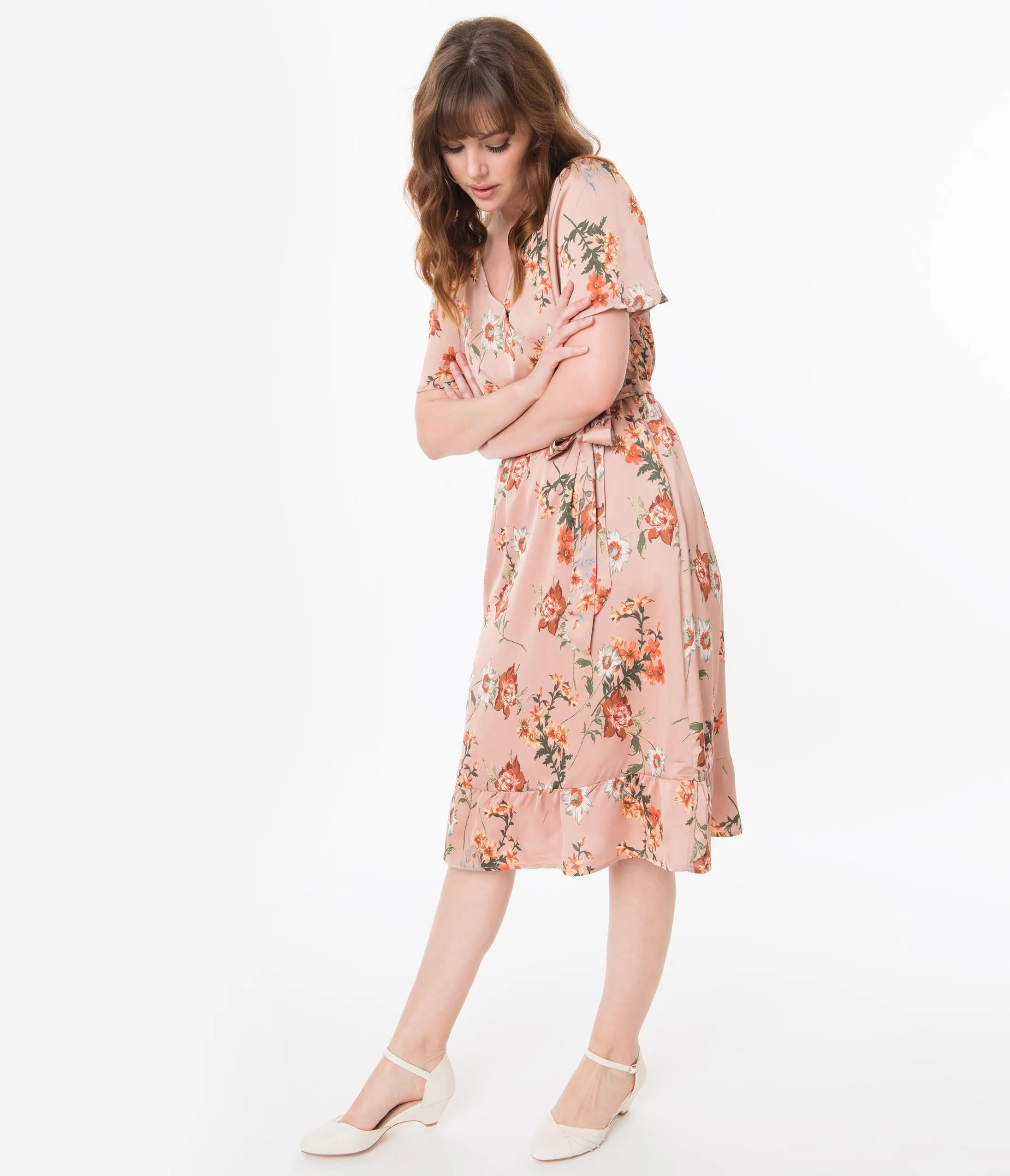 Vintage Style Mauve Floral Midi Dress