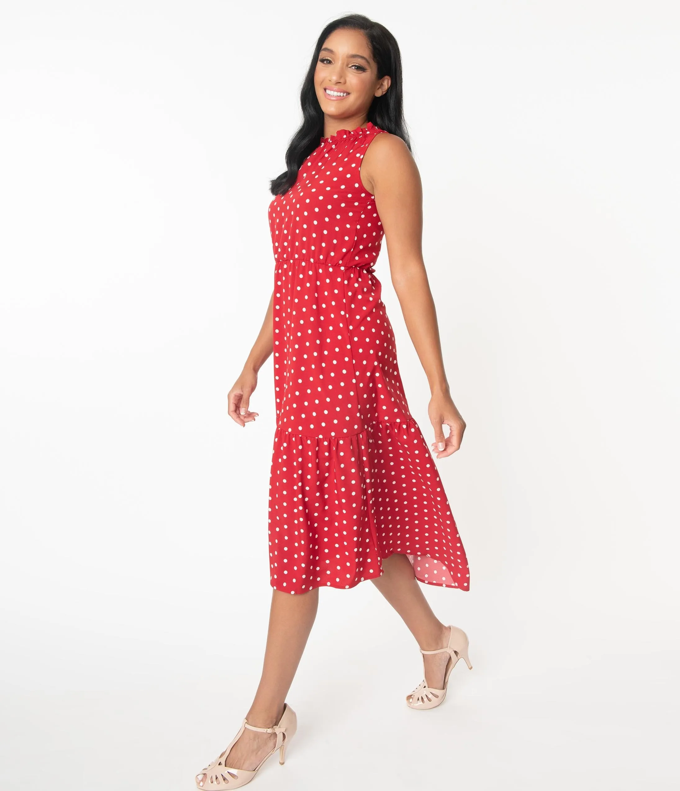 Vintage Style Red & White Polka Dot Midi Dress