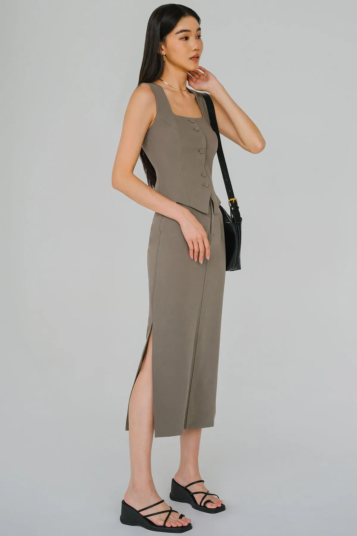 Vivienne Tailored Midi Skirt (Olive)