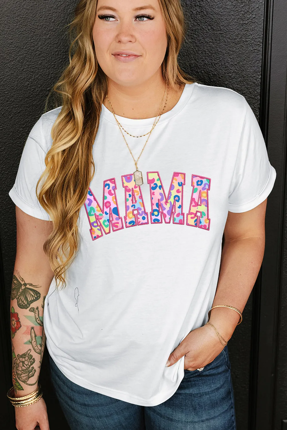 White Leopard MAMA Embroidered Graphic Plus Size Tee