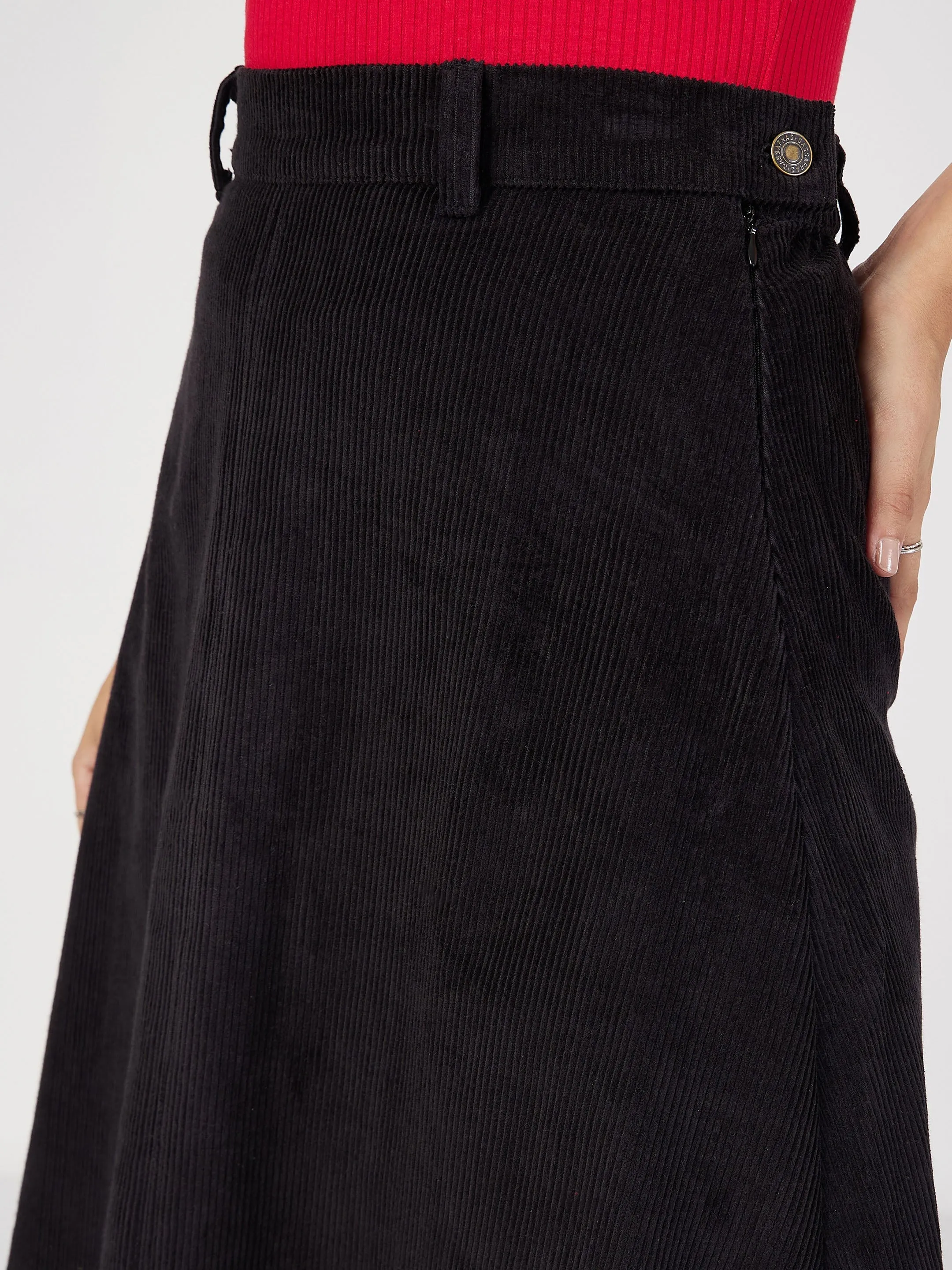 Women Black Corduroy A-Line Midi Skirt