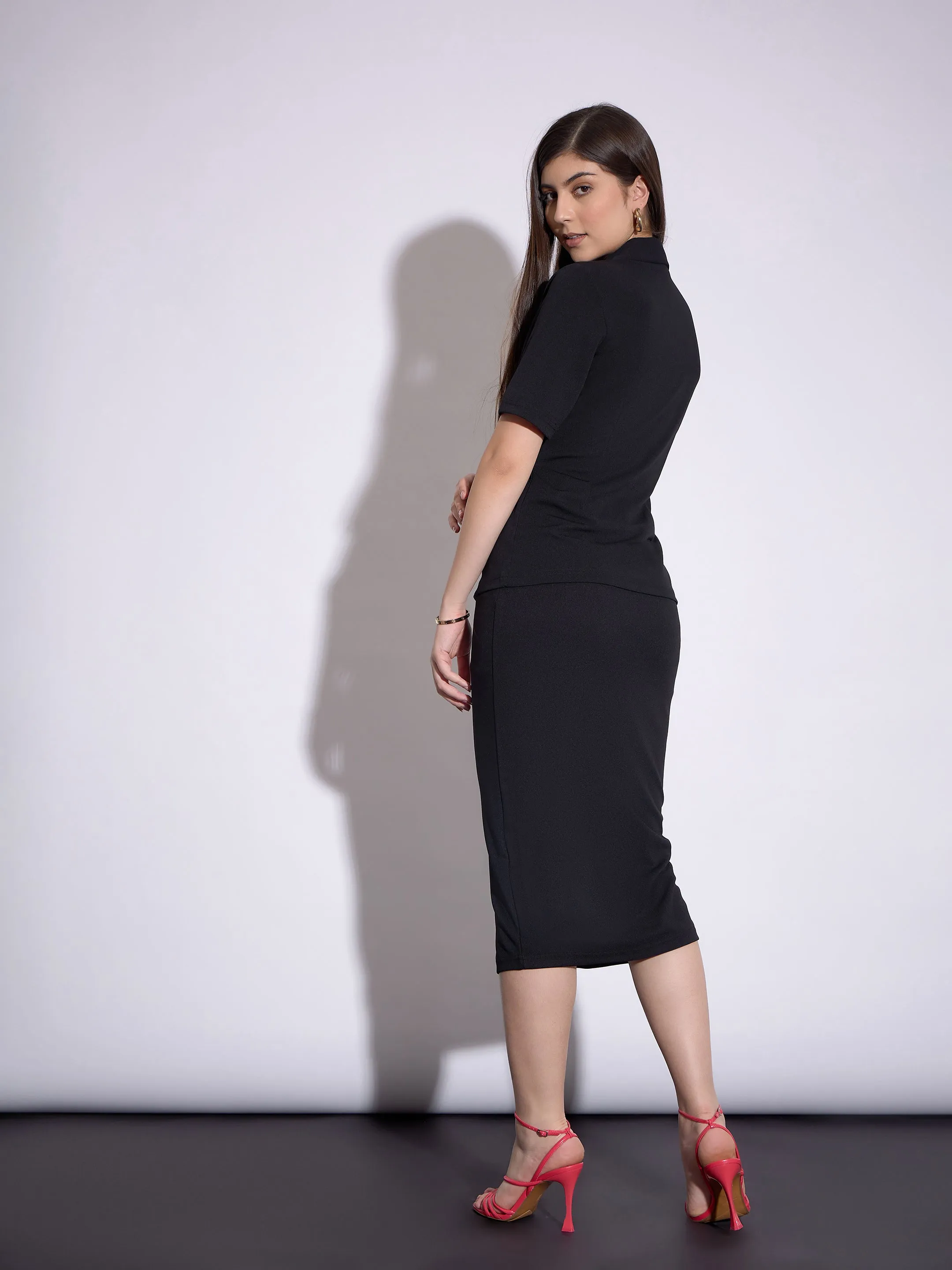 Women Black Notch Collar Top With Midi Skirt