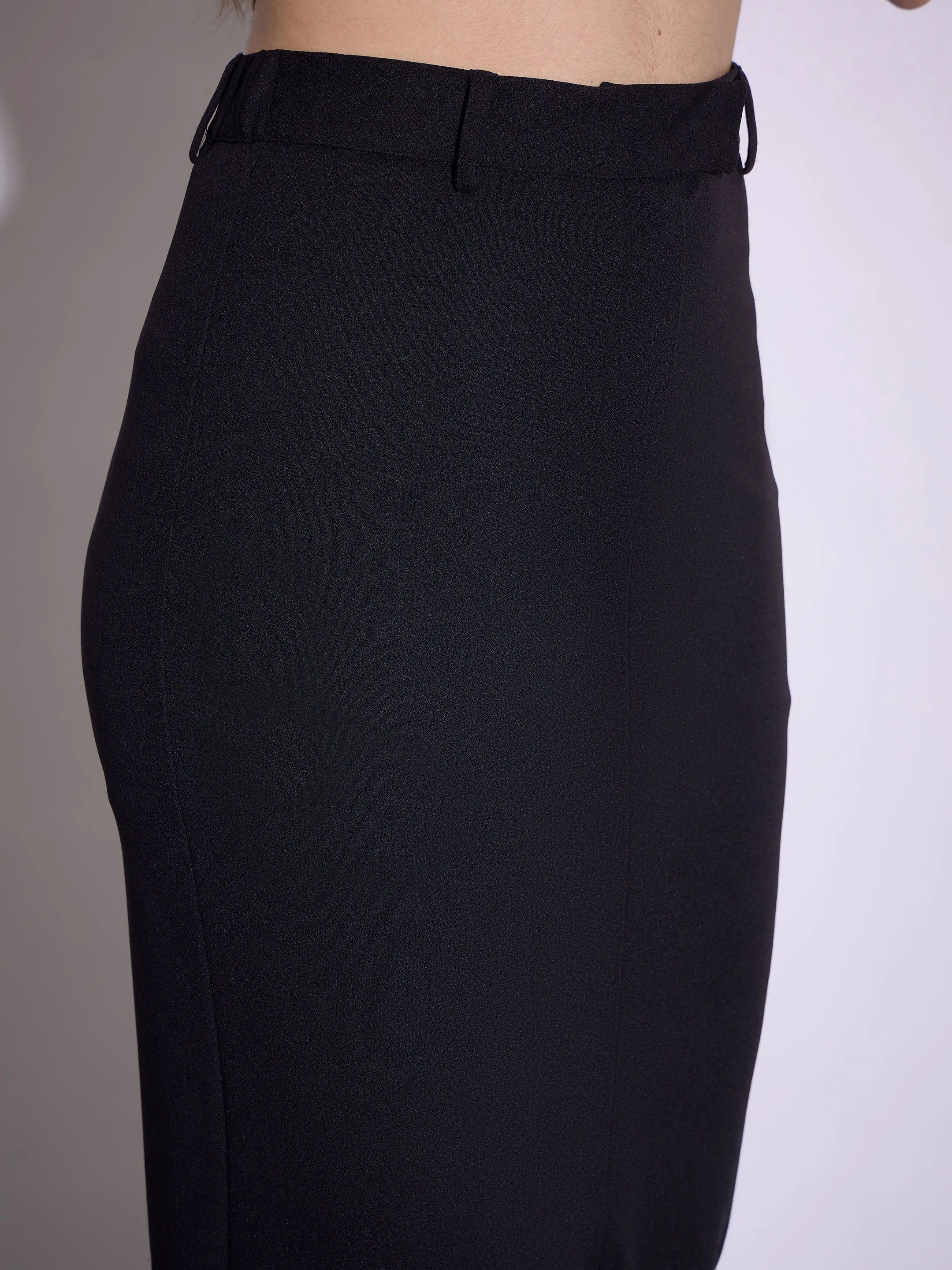 Women Black Notch Collar Top With Midi Skirt