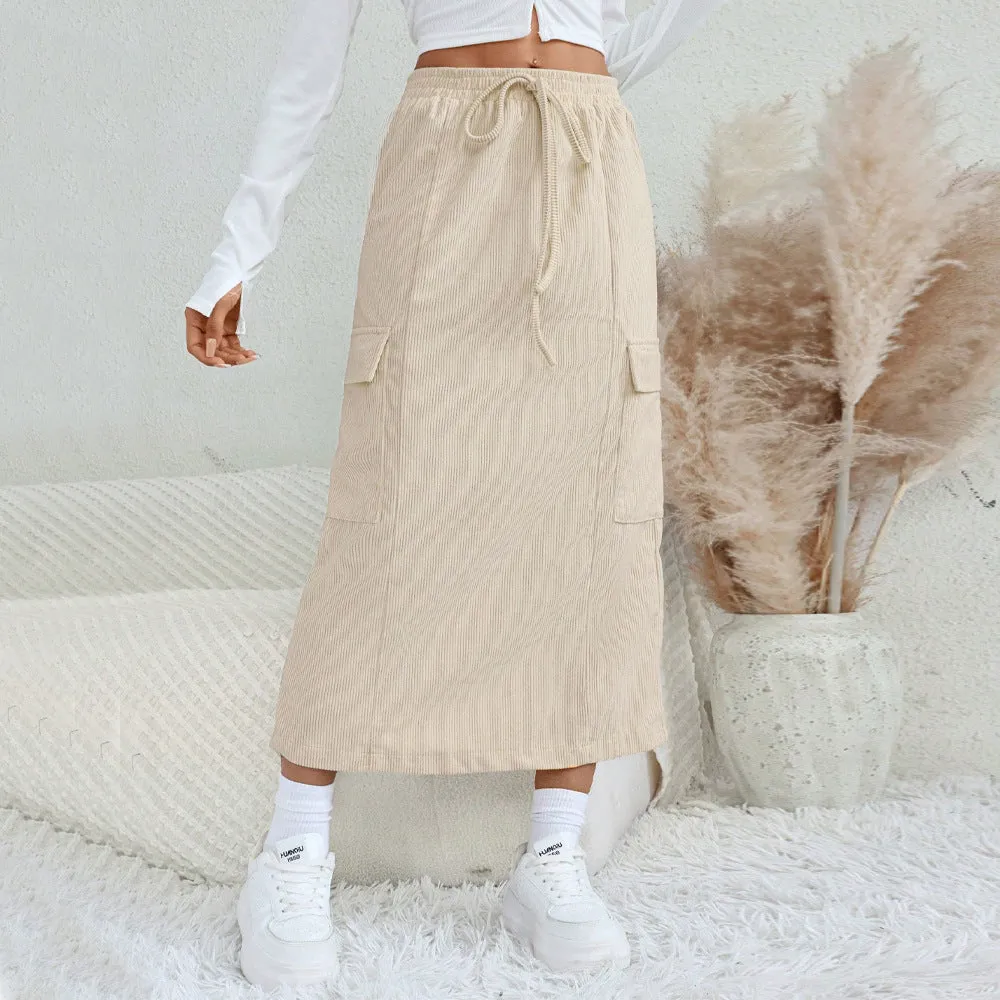 Women Clothing Autumn Winter Loose Casual Straight Leg Split Long Skirt Drawstring Workwear Skirt