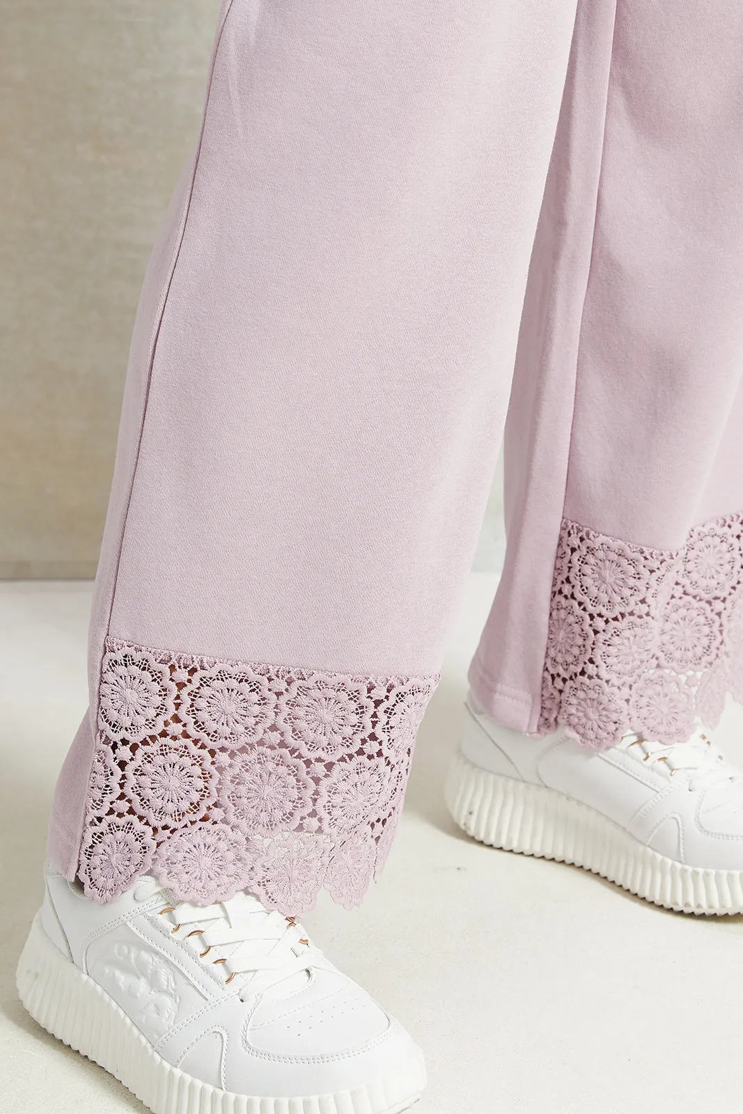 Women Lilac Wide Leg Pant With Lace Details