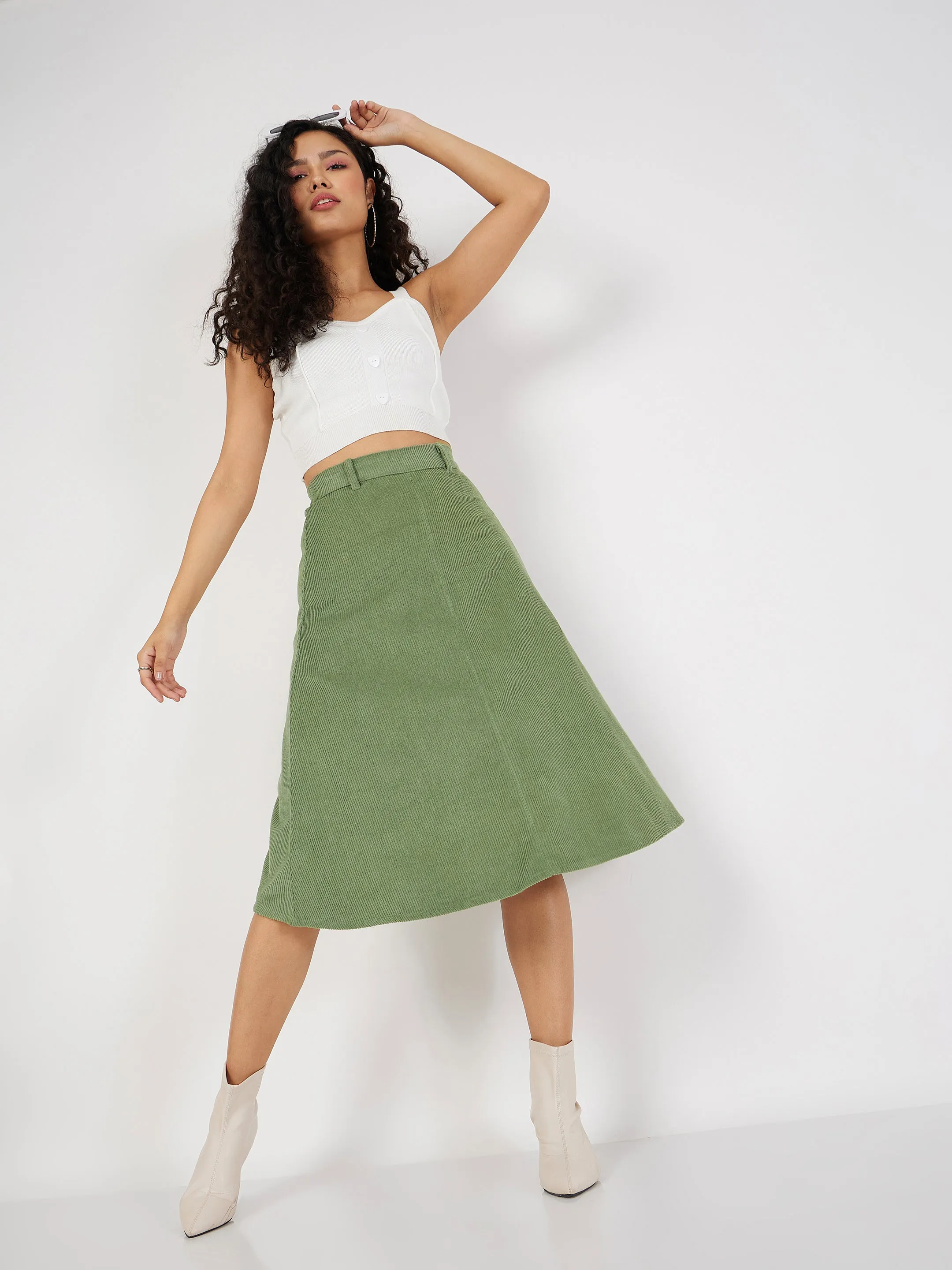 Women Olive Corduroy A-Line Midi Skirt