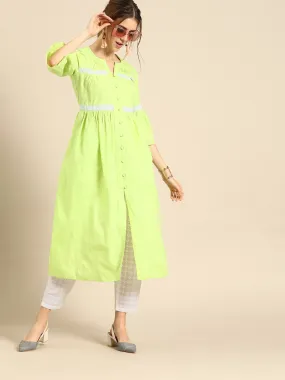 Women Pastel Green Three-Quarter Sleeves Solid Flared Pure Cotton Kurta With Schiffli Trouser