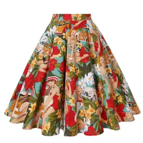 Women Plus Size A Line Cotton Retro Skirt High Waist 50s 60s Rocakbilly Jurken Skater Floral Print Swing Vintage Skirts