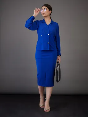 Women Royal Blue Peplum Collar Top With Midi Skirt