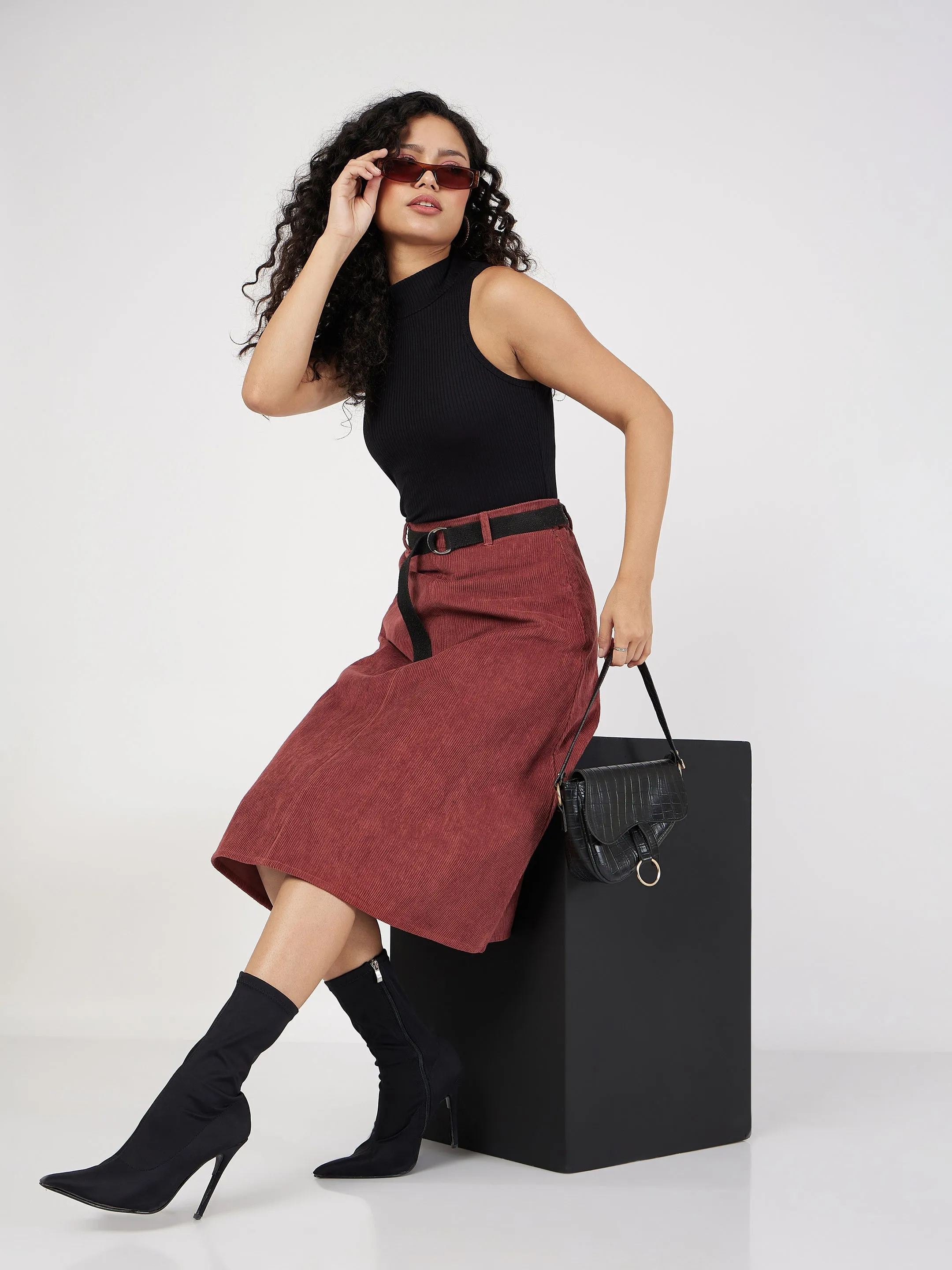 Women Rust Corduroy A-Line Midi Skirt