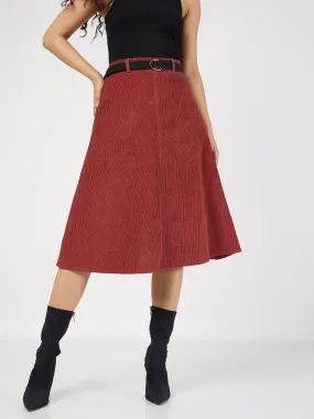 Women Rust Corduroy A-Line Midi Skirt