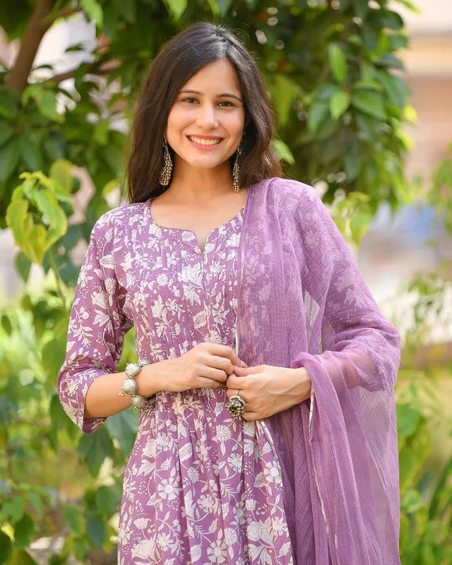 Womens Purple Cotton Kurta Pant Set With Dupatta