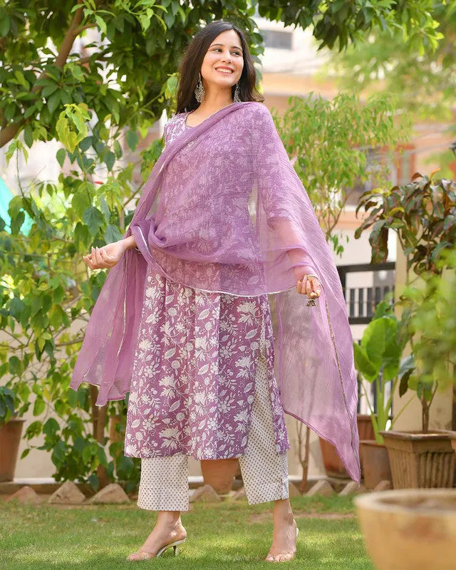 Womens Purple Cotton Kurta Pant Set With Dupatta