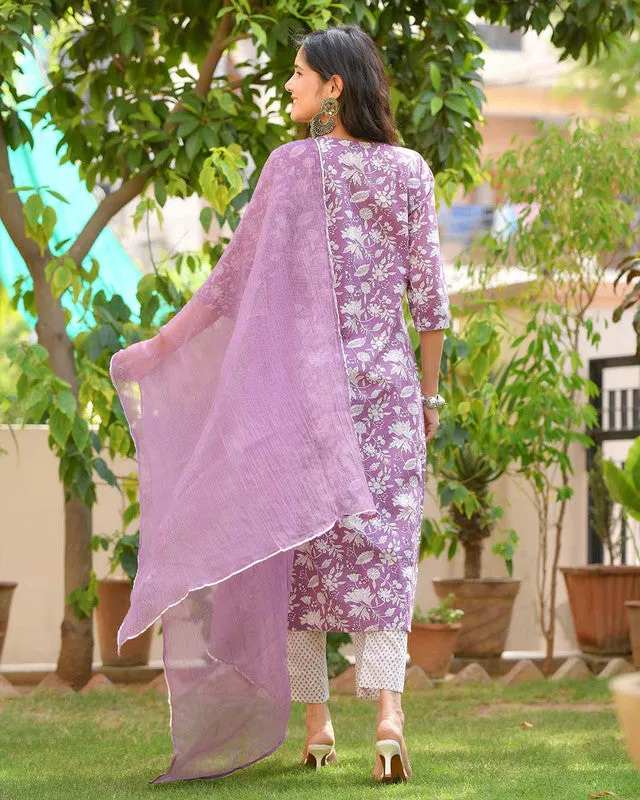 Womens Purple Cotton Kurta Pant Set With Dupatta