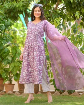 Womens Purple Cotton Kurta Pant Set With Dupatta