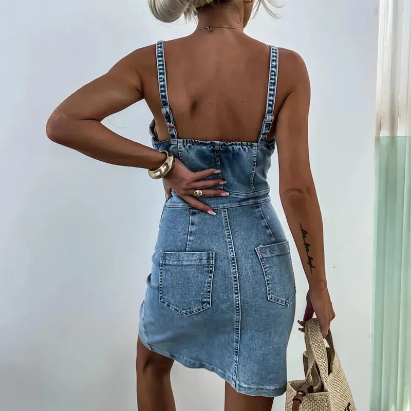 Wrap Club V Neck Slim Spaghetti Strap Denim Summer Sexy Dress