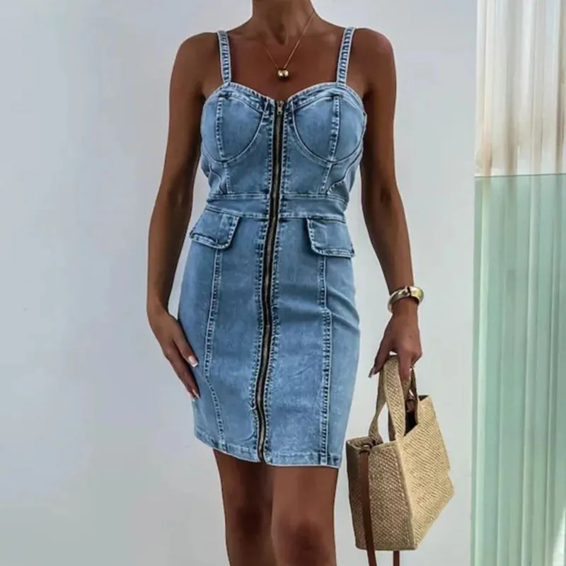 Wrap Club V Neck Slim Spaghetti Strap Denim Summer Sexy Dress