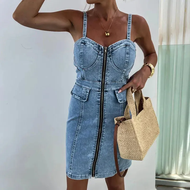 Wrap Club V Neck Slim Spaghetti Strap Denim Summer Sexy Dress