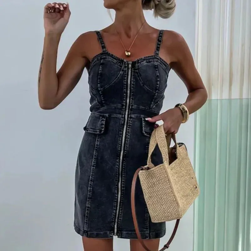 Wrap Club V Neck Slim Spaghetti Strap Denim Summer Sexy Dress