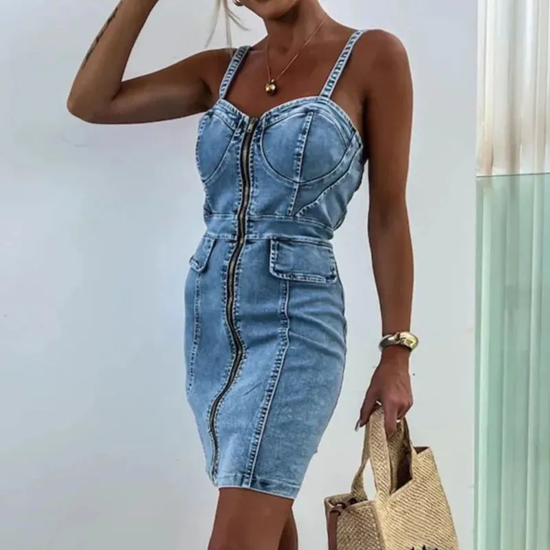 Wrap Club V Neck Slim Spaghetti Strap Denim Summer Sexy Dress