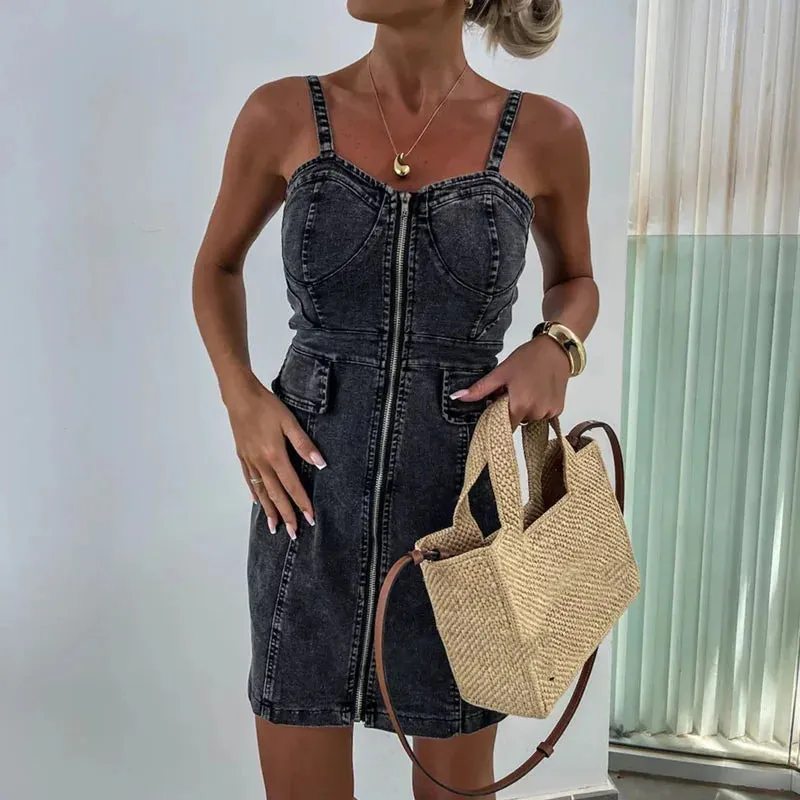 Wrap Club V Neck Slim Spaghetti Strap Denim Summer Sexy Dress